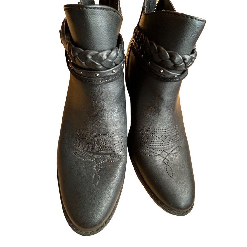 Women's Western Black Braided Ankle Boots With Silver Buckle & Zipper Size 8